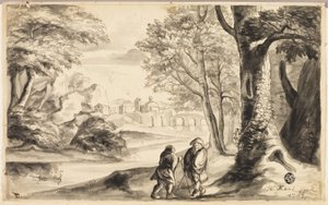 To reisende under treet med landsby og bro i avstand av William Kent