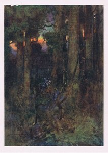De sammenfiltrede skogene der fuglene glemte å synge, men tause flaggermus i døsige klynger klamrer seg til (farge litho) av William Lee Hankey
