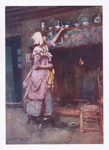 Mens knuste tekopper, klokt oppbevart for å vise seg, gikk over skorsteinen, glitret på rad (farge litho) av William Lee Hankey