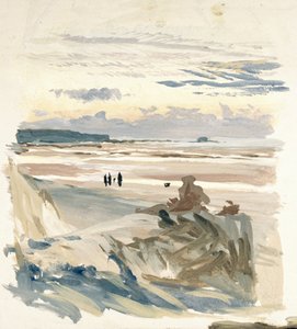 Figurer på stranden, sannsynligvis i Amble (Frankrike), med silhuetten av Fort Vauban i skumringslyset av William Lionel Wyllie