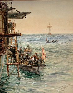 Eclipse Party forlater H.M.S. Theseus, Santa Pola (akvarell på papir) av William Lionel Wyllie