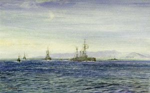 HMS #39;Albemarle#39;, i Firth of Moray (Skottland), en trekantet inngang til Nordsjøen, dette krigsskipet tjente under første verdenskrig som patruljebåt for Kanalflåten, deretter tjente det som isbryter for å hjelpe Archangel i 1916. av William Lionel Wyllie