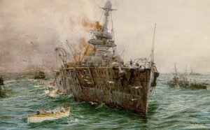 HMS #39;Audacious#39; synker utenfor Loch Swilly etter å ha truffet en mine, 27. oktober 1914, tidlig på 1900-tallet (akvarell) av William Lionel Wyllie