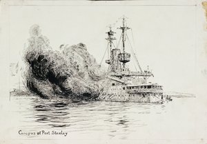 HMS #39;Canopus#39; ved Port Stanley, avfyrer åpningssalvene fra slaget om Falklandsøyene, 8. desember 1914 (penn og blekk, med svart vask, på kort) av William Lionel Wyllie