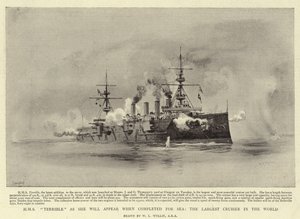 H M S Forferdelig som hun vil vises når den er fullført for Sea, den største krysseren i verden av William Lionel Wyllie