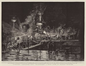 Overtid, fullfører HMS Magnificent, en nattscene i Chatham Dockyard