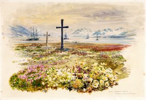 Search Bay (Research Bay, Tasmania, Australia), to kors plantet i blomsterbed med skip i det fjerne. Akvarell av William Lionel Wyllie