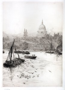 Skipsfart og måker under St. Pauls (akvarell) av William Lionel Wyllie