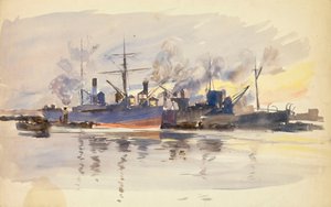 Skisse av handelsskip i havn, sent på 1800-tallet til tidlig på 1900-tallet (akvarell) av William Lionel Wyllie