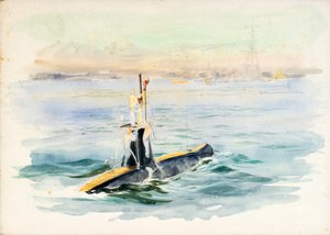 Studie av en ubåt av A-klasse underveis, muligens i Portsmouth havn, tidlig på 1900-tallet (akvarell, grafitt) av William Lionel Wyllie