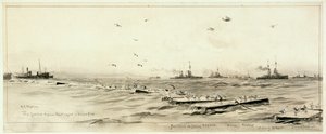 Den tyske høysjøflåten fanget i Scapa, ca. 1918 (vasket, grå, forhøyet med hvitt) av William Lionel Wyllie