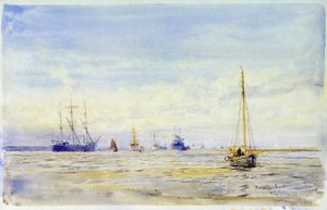 Hamble-elven (England) og båtliv. Akvarell, sent på 1800-tallet, av William Lionel Wyllie (1851–1931). av William Lionel Wyllie