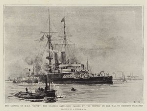 The Salving of HMS Howe, det funksjonshemmede slagskipet som passerer opp Medway på vei til Chatham Dockyard av William Lionel Wyllie