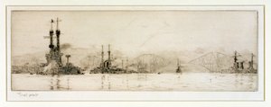 De amerikanske slagskipene «New York» og «Texas» utenfor Rosyth, ca. 1918 (etsing, berørt med grafitt) av William Lionel Wyllie