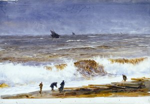 Stranden i Berck sur mer (Berck-sur-Mer) (Frankrike), med urolig hav og figurer på stranden. Akvarell, etter 1890, av William Lionel Wyllie (1851–1931). av William Lionel Wyllie