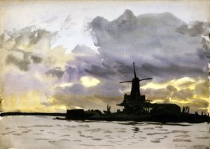 Vindmøllen i Zaandam, nord for Amsterdam (Nederland). Akvarell av William Lionel Wyllie