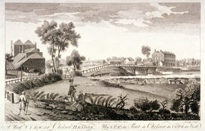 Vestutsikt over Chelsea Bridge, London, c1760 av William Lodge