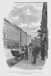 Moorgate Street, som viser kontorene til Royal Mail Steam Packet Company (litho)