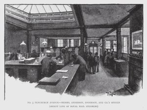 No 5 Fenchurch Avenue, Mrs Anderson, Anderson og Cos kontorer, Orient Line of Royal Mail Steamers (litho) av William Luker