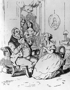 Mr Joseph Sedley viklet inn av Becky Sharp, illustrasjon for første kapittel av Vanity Fair, roman av William Makepeace Thackeray (1811-1863), gravering etter tegning av William Makepeace Thackeray (1811-1863), utgitt i Chicago i 1882