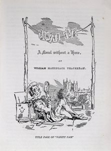 Tittelside til 'Vanity Fair, a Novel Without a Hero', med et selvportrett av kunstneren og forfatteren, pub. 1848