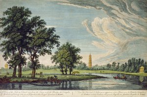 Kew, en utsikt over innsjøen og øya sett fra plenen, med broen, templene til Arethusa og Victory og den store pagoden i Royal Gardens i Kew av William Marlow