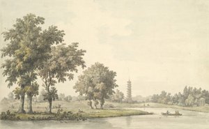 Utsikt over innsjøen og øya fra plenen ved Kew, 1763. av William Marlow