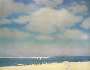 Sjølandskap med sandstrand (Stranden ved Chatham) ca. 1915 (olje på lerret) av William McGregor Paxton