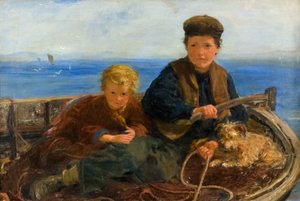 To gutter og en hund i en båt, ca. 1871 (olje på lerret)