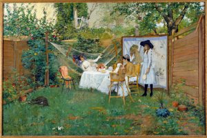 Frokost utendørs rundt 1888 Unge kvinner i en hage, en av henne er i en hengekøye. Maleri av William Merritt Chase (1849-1916) 1888 Toledo. Museum of Arts av William Merritt Chase