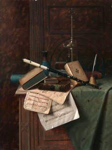 Stilleben med fløyte, vase og romersk lampe av William Michael Harnett