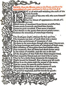 Kelmscott Press: Side fra The Tale of Beowulf Printed in the Troy Type, ca. 1895, 1914. av William Morris