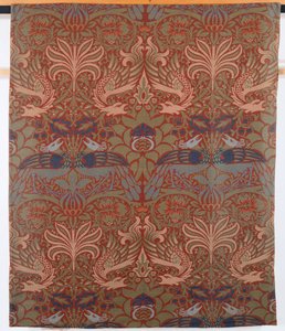 Påfugl en drage, håndvevet twillgardin, Morris & Co., 1878 av William Morris