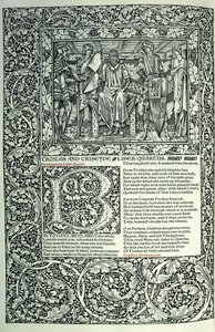 Scene fra "Troilus and Criseyde", historisk initial "B", manuskript med full sidekant, 1896 av William Morris