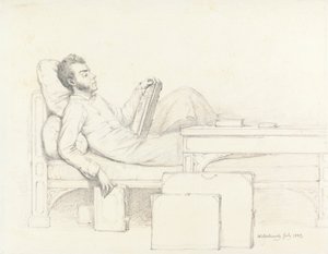 Selvportrett av kunstneren lenende på en gotisk sofa og leser en bok av William Mulready
