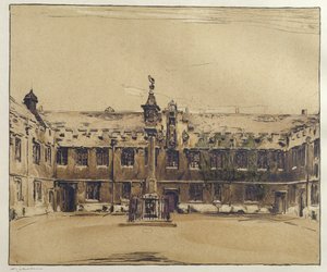 Front Quad ved Corpus Christi College, Oxford (penn og blekk med vask på papir) av William Nicholson