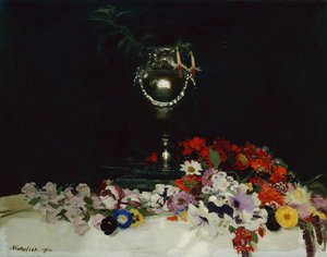 Urne og blomster på et bord av William Nicholson