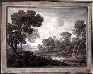 Klassisk landskap, ca. 1770 (penn og blekk og akvarell på papir) av William Oram