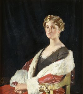 Portrett av Nancy Oswald Smith, sittende halv lengde, i en rød pelsfôret frakk, 1915 av William Orpen