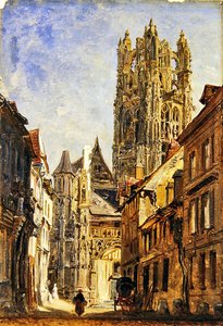 St Laurent Church, Rouen, ca. 1860 (olje på papir lagt om bord)