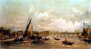 Waterloo Bridge fra Vesten med et båtløp (litho) av William Parrott