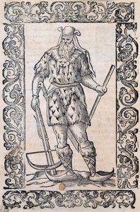 Mann med pelskjole, armbrøst og sko med vridd spiss (eksempel på rudimentære ski), illustrasjon tilskrevet Cesare Vecellio (1521-1601), utgitt i Italia på 1500-tallet av Nicolas Toussaint Charlet