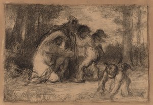 Skoglandskap med Putti som hjelper en kvinne med å kle av seg av William Perkins Babcock