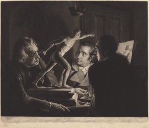 Tre personer ser på gladiatoren med levende lys av William Pether after Joseph Wright