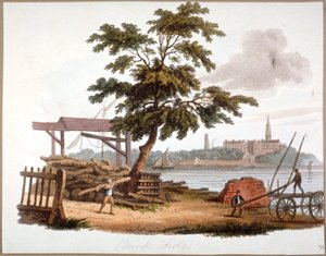 Men flyttet tømmer ved Bankside, Southwark, London, c1810