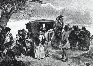 Highwayman Claude Duval avbildet i det legendariske øyeblikket da han nekter å ta alt byttet sitt hvis kona til offeret danser en "courante" med ham på Hounslow Heath (gravering)
