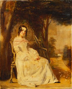 Portrett av Mary Freer sittende liten i full lengde på et hagesete, av William Powell Frith