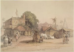 Landsbyscene med et lite 'tulsi'-alter og en vannbærer med oksen hans, India ca. 1830-40