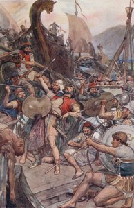 Den persiske admiralens død ved Salamis (farge litho)