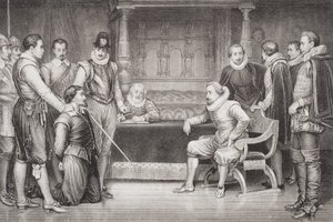 Guy Fawkes (1570-1606) forhørt av James I (1566-1625) og hans råd i kongens sengekammer, fra 